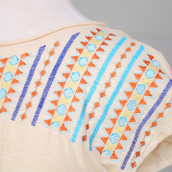 109- Beige Aztec Embroidered Short Sleeve Top - Picture 2 of 3